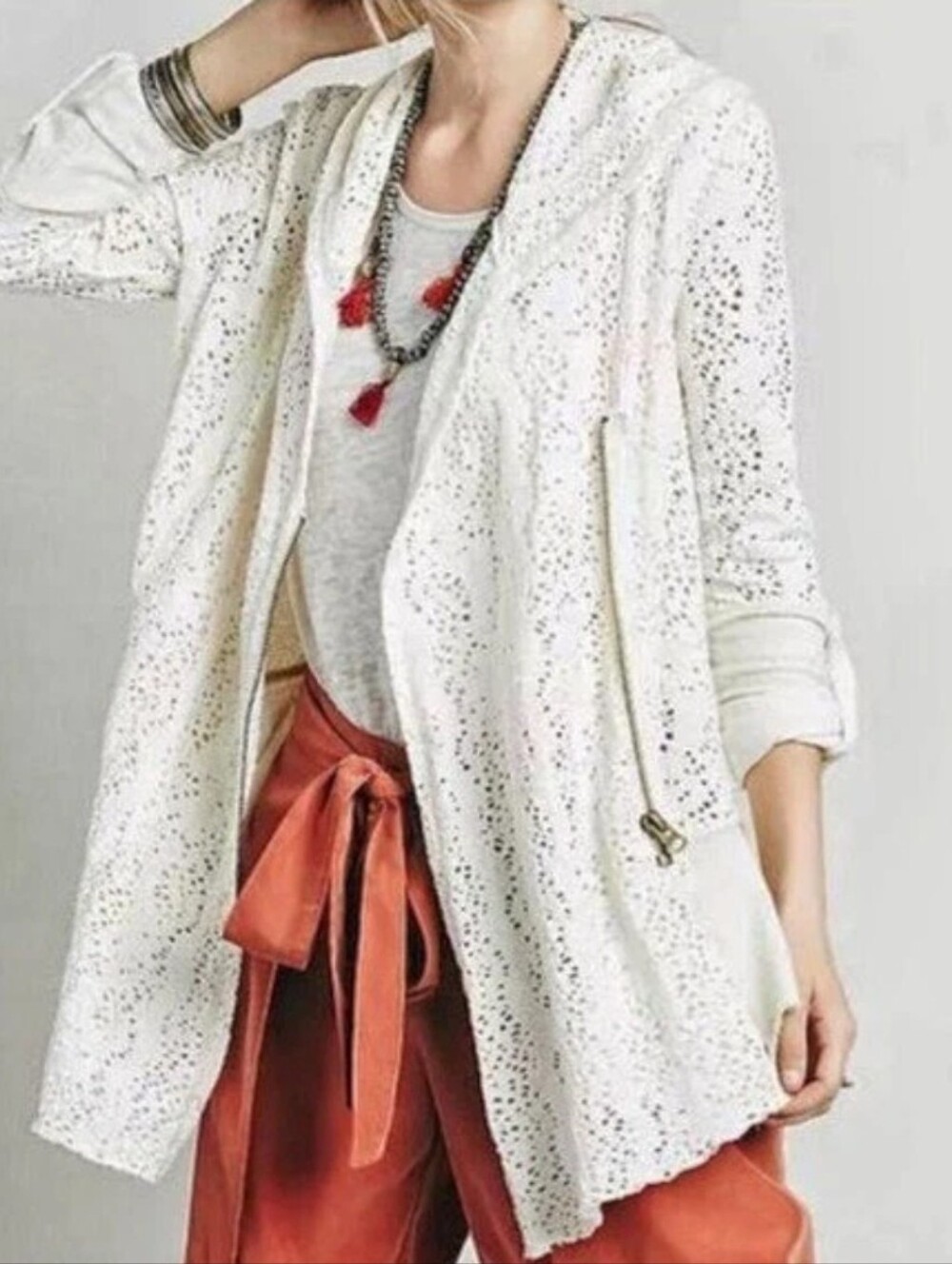 Free People Doily Hooded Cardigan Ivory Open Knit Boho Jacket, Size S